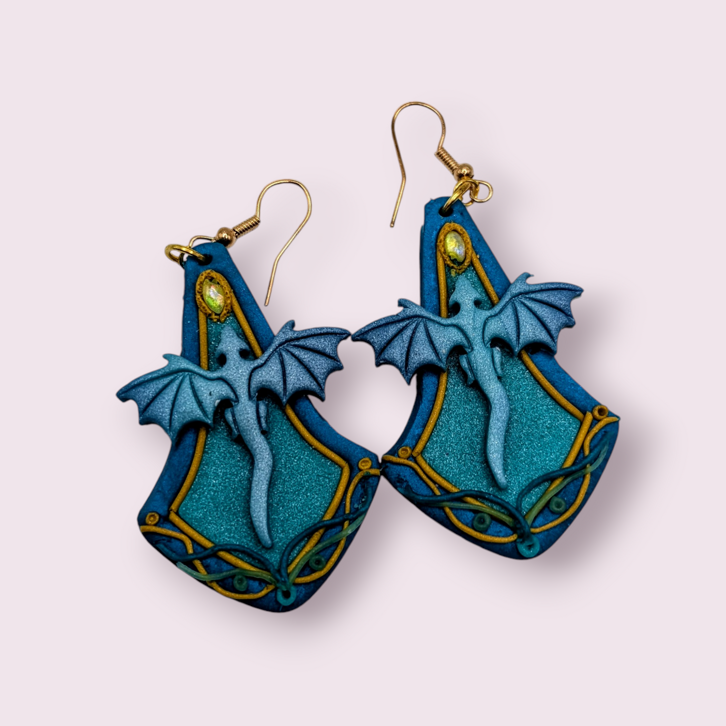 Teal and Gold Dragon Earrings